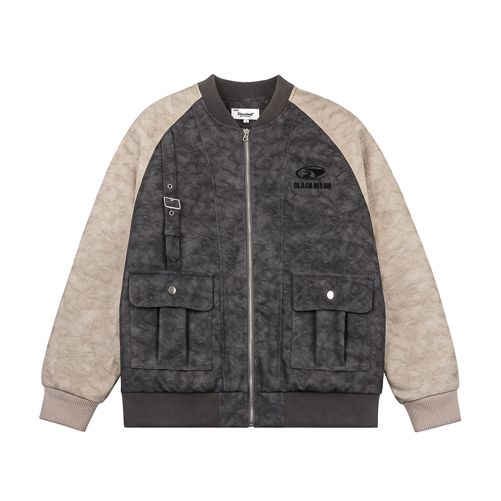 Color Contrast Patchwork Raglan Sleeve Baseball PU Leather Cotton Jacket