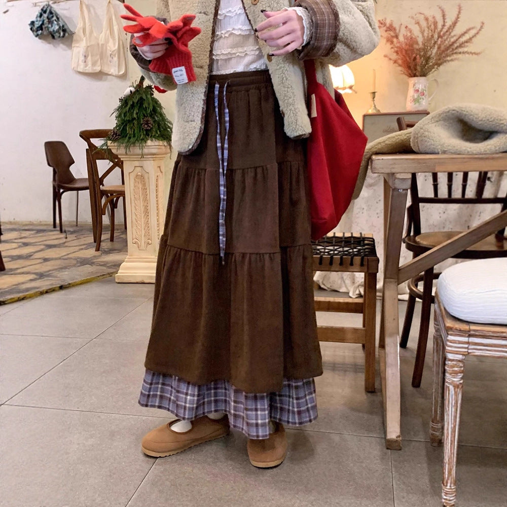 Niche Patchwork Fake Two-piece Plaid Cake Maxi Dress
