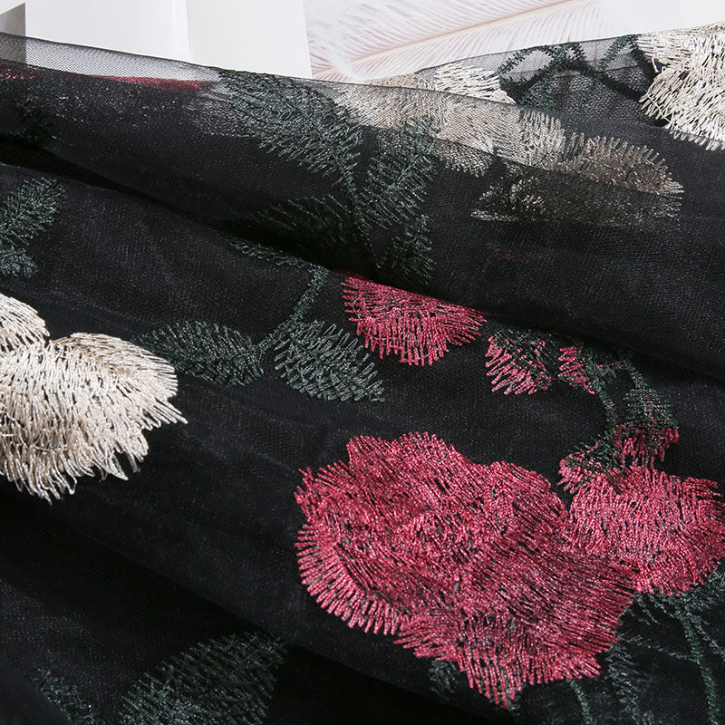 Vintage High Waist Slim Embroidery Big Flower Fashion Sweet Mesh Mid Length Fairy Half Length Dress