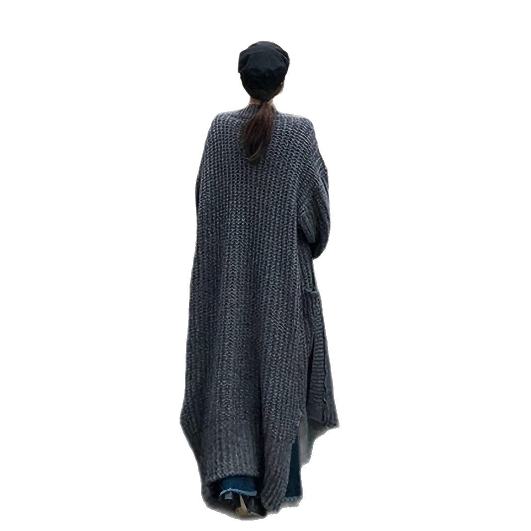 Women's Winter Extended Thick Thread Sweater Coat Loose Slit Knit Cardigan