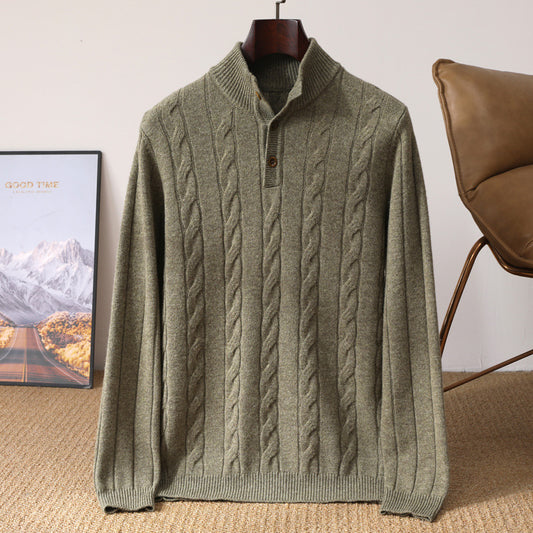 Men's Half-height Henry Collar Button Twisted Thickened Cable-knit Sweater