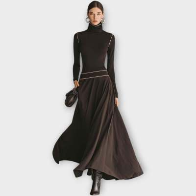Womens French-style Elegant High-neck Long-sleeve Dress