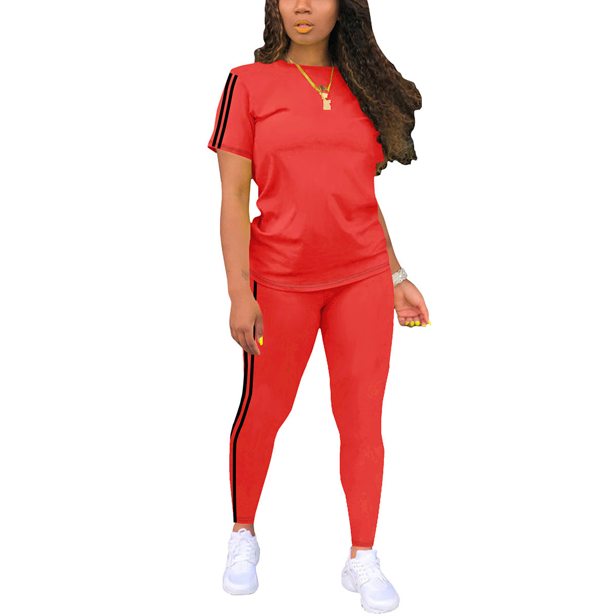 Round Neck Short-sleeved Top With Trousers Suit Side Stickers Women's Two-piece Suit