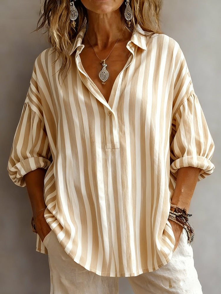 Womens Loose-fitting Striped Long-sleeve Pullover Shirt