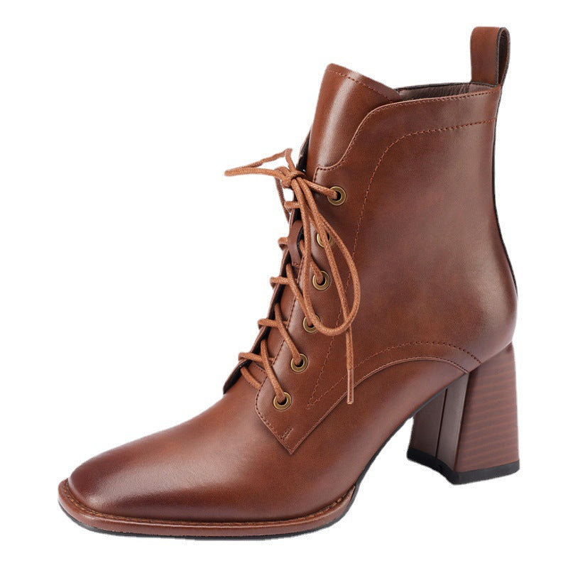 Women's Autumn And Winter British Retro Lace Up Short Simple Fashion High Heel Boots
