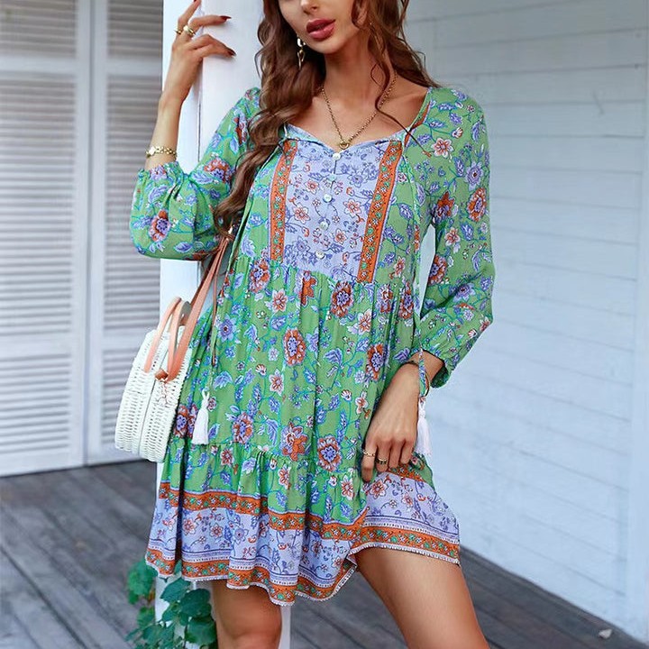 V-neck Printed Casual Bohemian Short Skirt