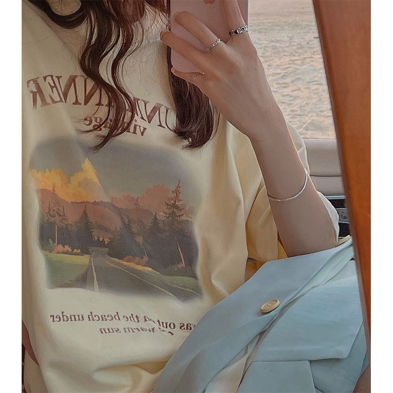 Retro Short Sleeve T-shirt Women's Casual Loose Mid-length Top