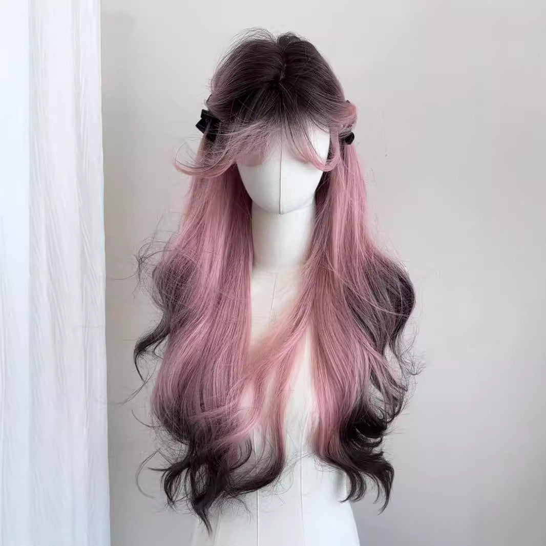 Female Gradient Black High Layered Simulation Long Curly Hair Full-head Wig