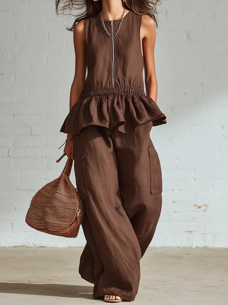 Summer Sleeveless Pleated Tank Top And Wide Leg Pants Set For Women