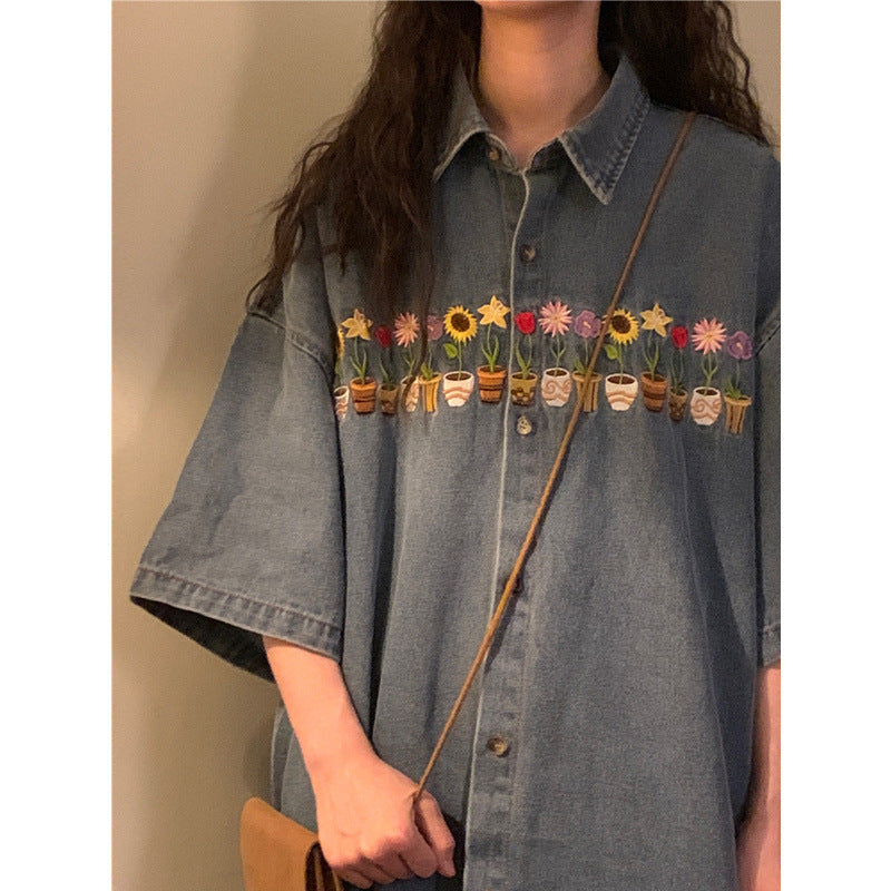 Vintage Embroidered Washed Distressed Short Sleeve Shirt Coat