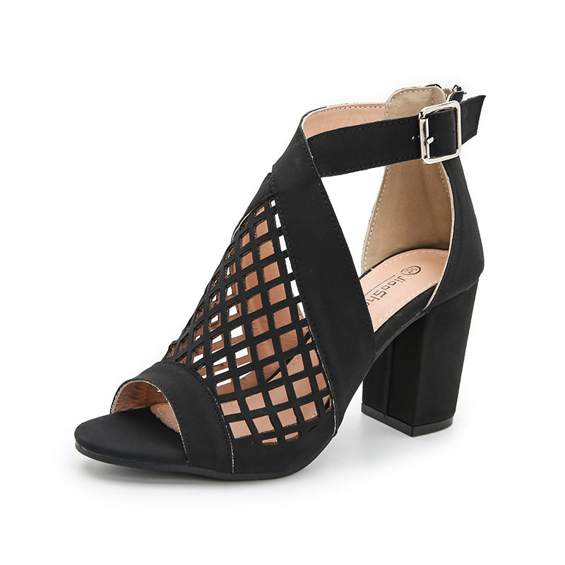 Women's Chunky High Heel Hollow Buckle Roman Shoes