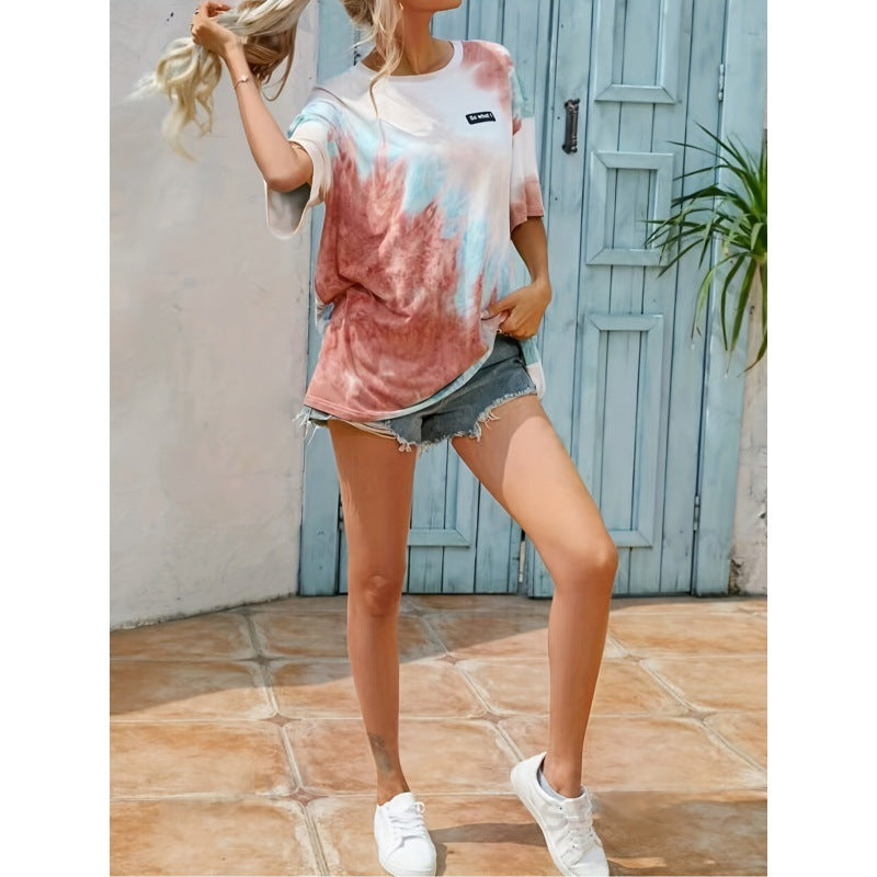 Women's Sweet Cool Style Gradient Color Printed Round Neck Knitted Short Sleeve