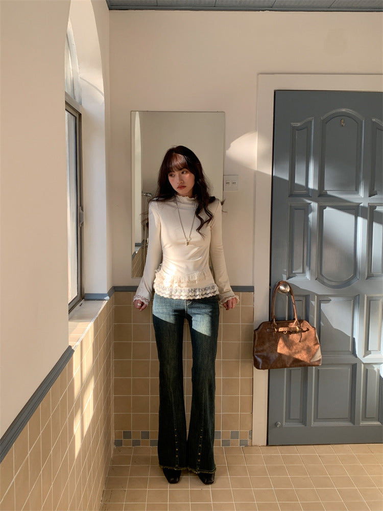 Fashion Slim Fit Lace Trim Long Sleeve T-Shirt Women
