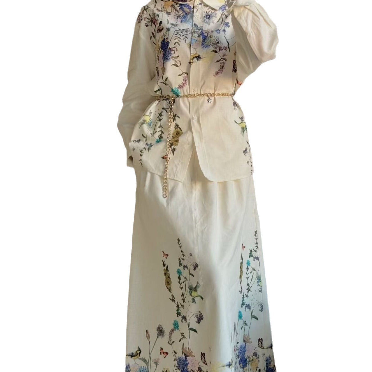Women's Fashion Flower-Print Casual Long Dress Set