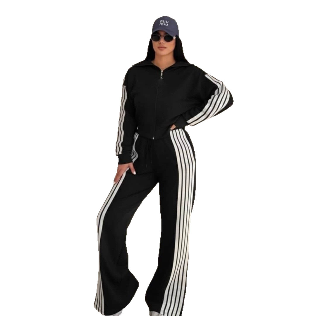 Womens Striped Coral-Fleece Patchwork Long-Sleeve Zip-Up Pants Set