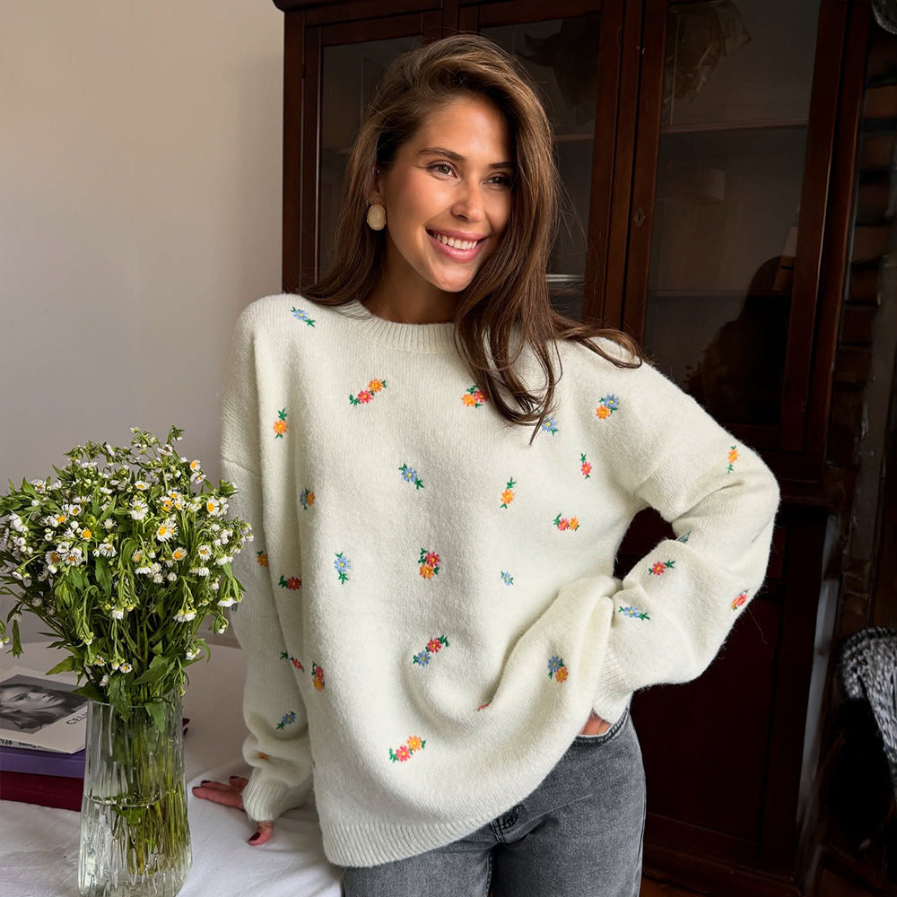 Crew Neck Pullover Embroidered Flower Sweater