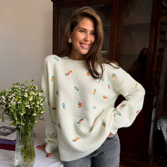 Crew Neck Pullover Embroidered Flower Sweater