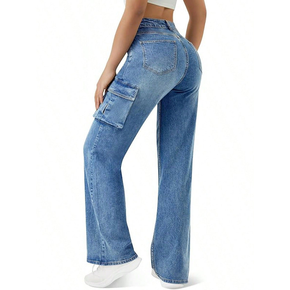 Stilfulde, unikke denimjeans med lige ben med klap og overdimensionerede lommer