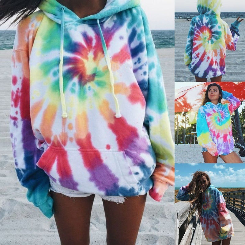 Dame løs tie-dye printet hættetrøje med lange ærmer