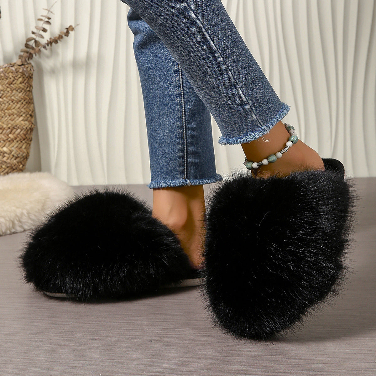 Kvinde Plus-size Ensfarvede Fluffy Store Pelsede Hjemmesko