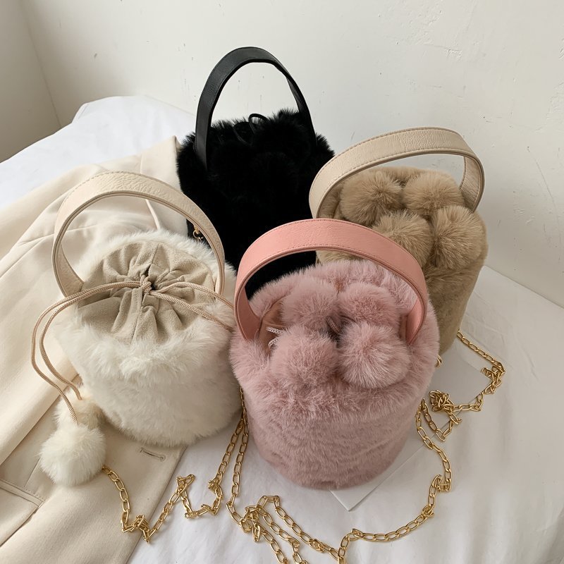 Women's Fashion Drawstring Anti-theft Fur Ball Shoulder Crossbody Bag