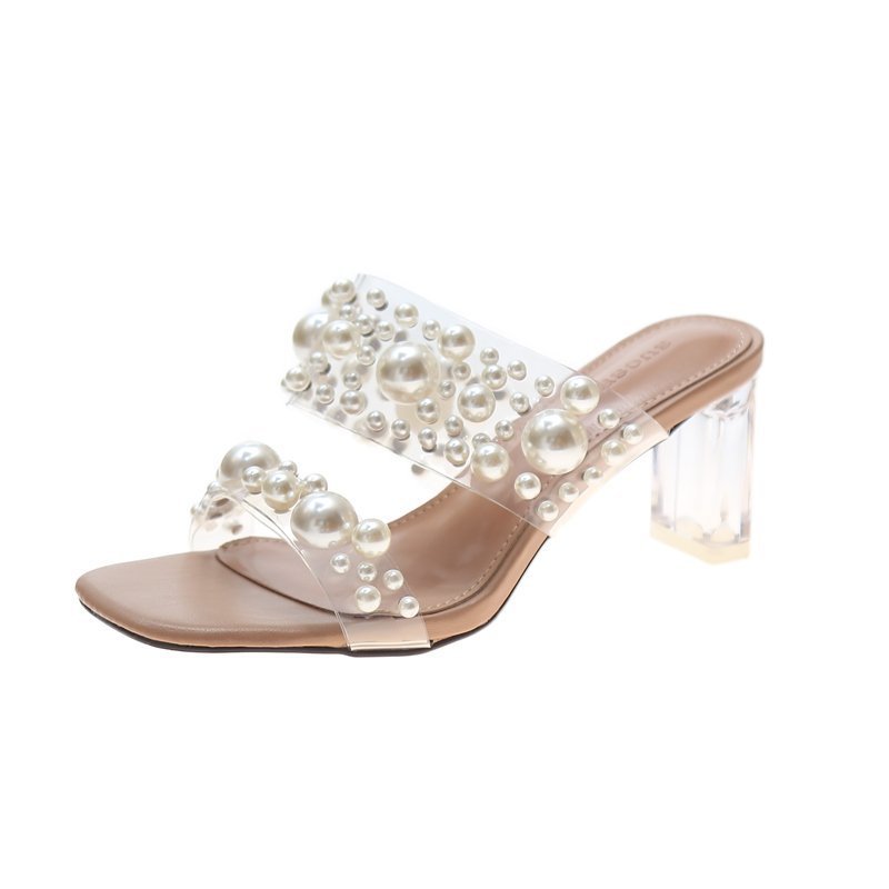 Outer Wear Thick Heel Transparent Crystal With Rivet Half-drag Sandals Women