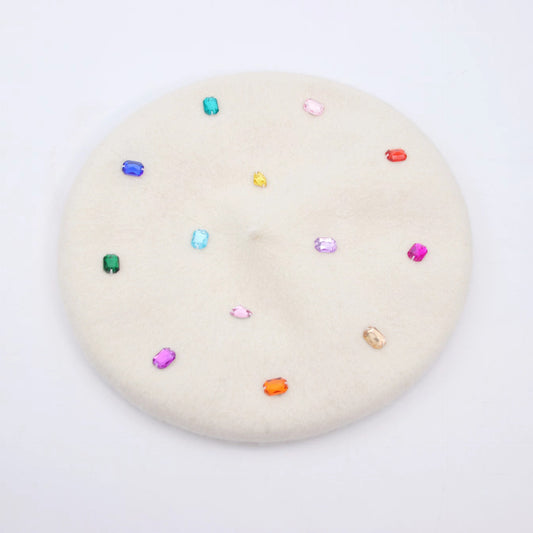 Retro Fashion Big Head Circumference Cloud Cap Color Rhinestone Wool Beret
