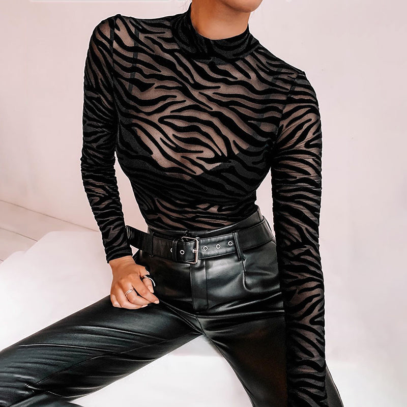 European And American Women's Irregular Striped Blouse, Autumn And Winter Fashion Sexy See-Through Long-Sleeved Slim Casual Bottoming Bodysuit