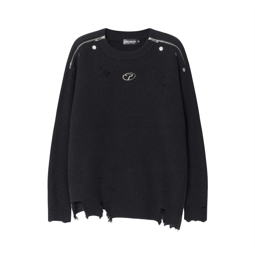 Design Sense Zipped Round Neck Solid Color Casual Sweater
