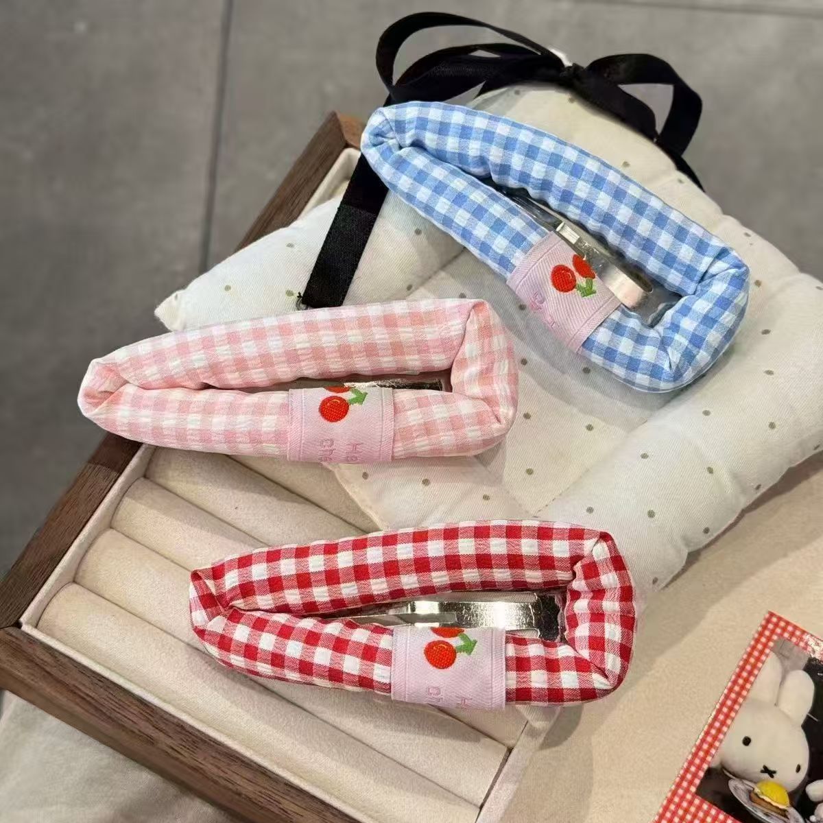 Cute Plaid Cherry Barrettes Girl Forehead Broken Hair