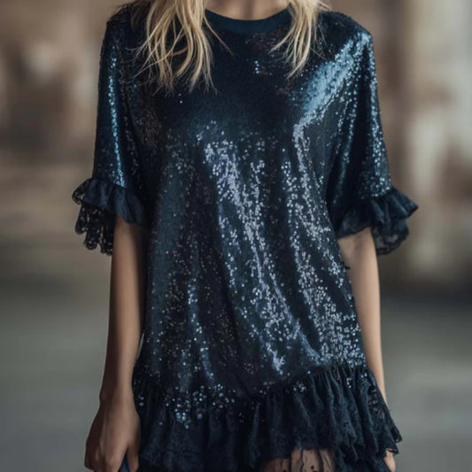 Exquisite Casual Retro Round-neck Lace Ruffled Hem Dark Blue Sequins Mini Dress