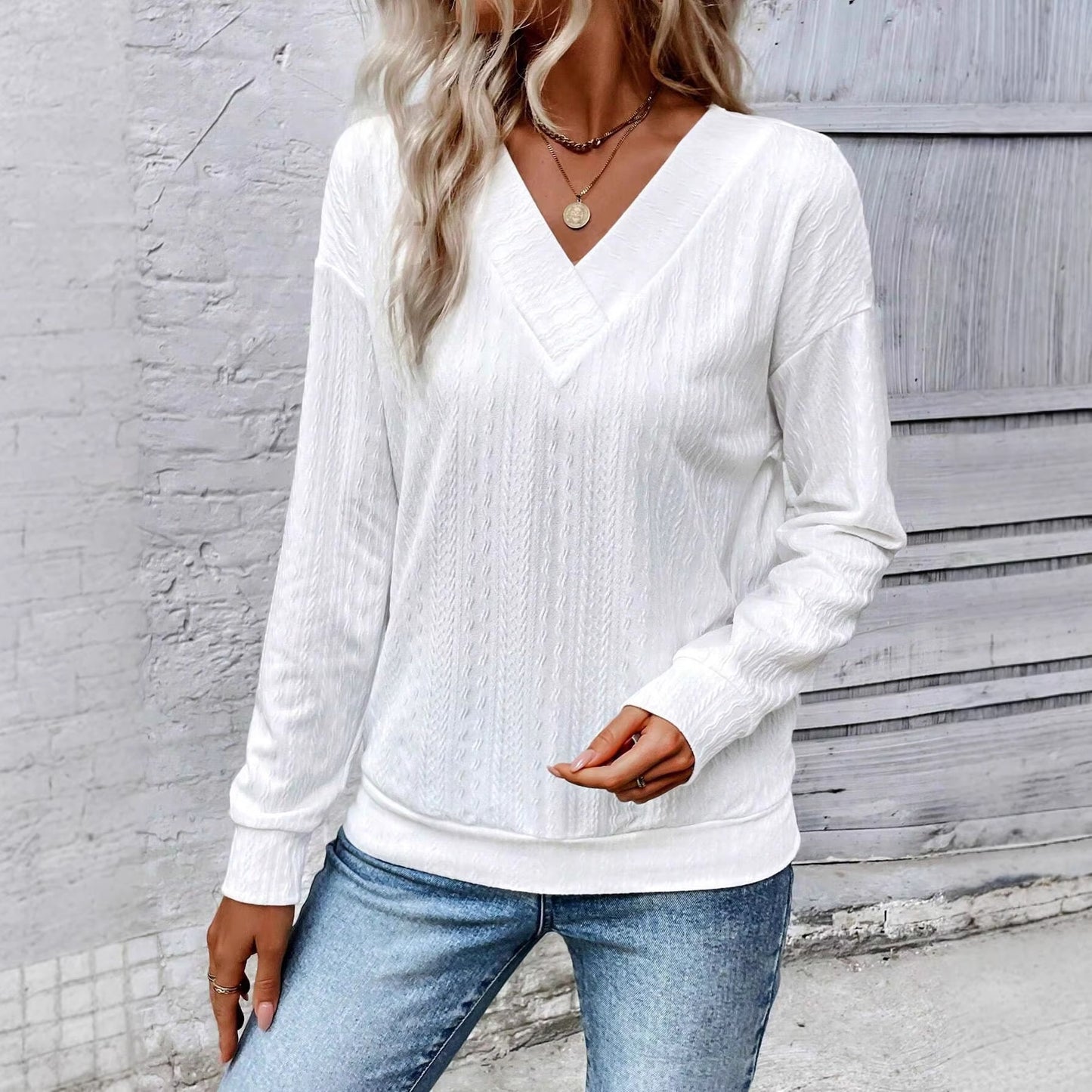 Women's Spring And Autumn Solid Color Falling Shoulder Sleeve Casual Long Sleeve Top