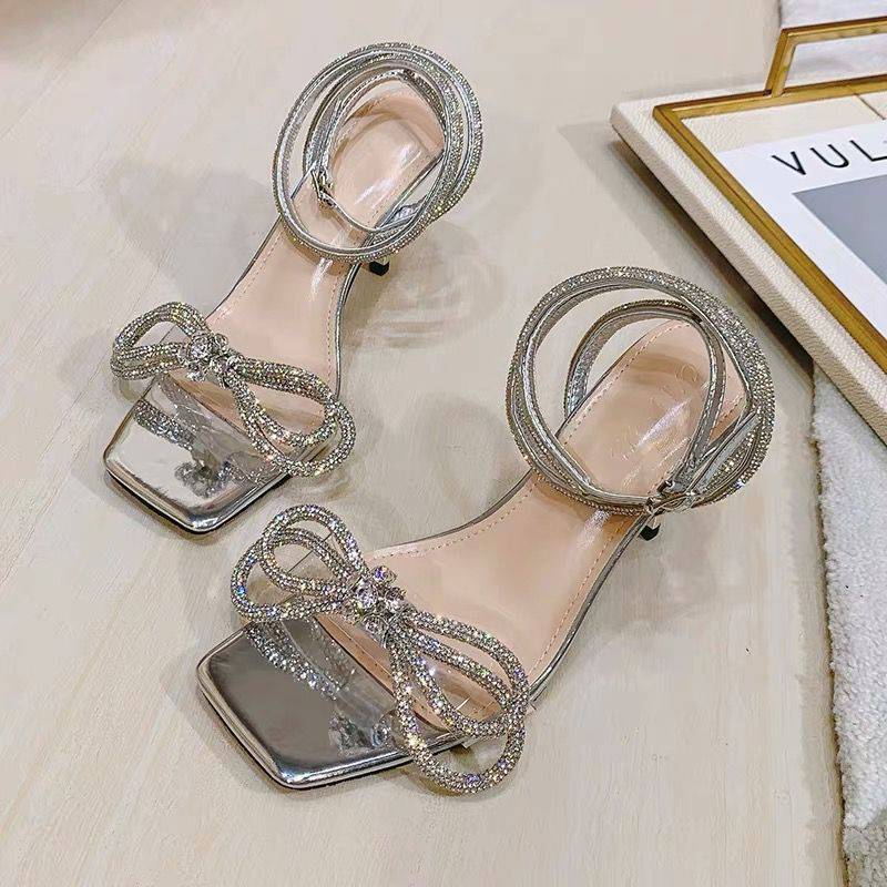 Bow-knot Square-toe Rhinestone High-heel Moccasin Sandals