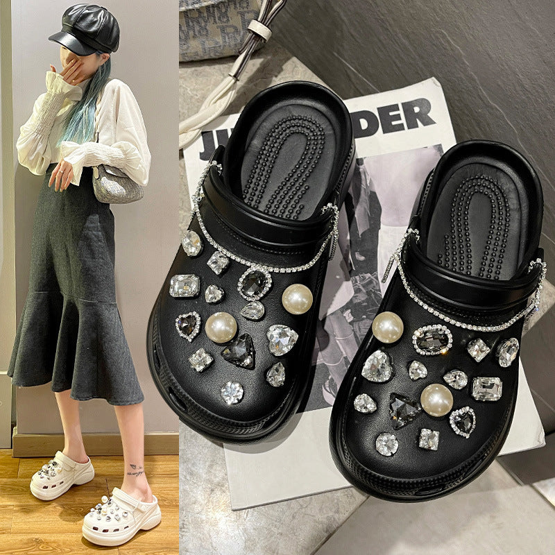 Heighten Hole Shoes Women's Pearl Rhinestone High Heel Outer Wear