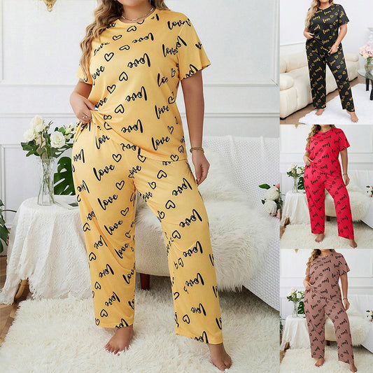 Women's Plus-sized Heart Printing Round Neck Short-sleeved Trousers Pajamas Suit