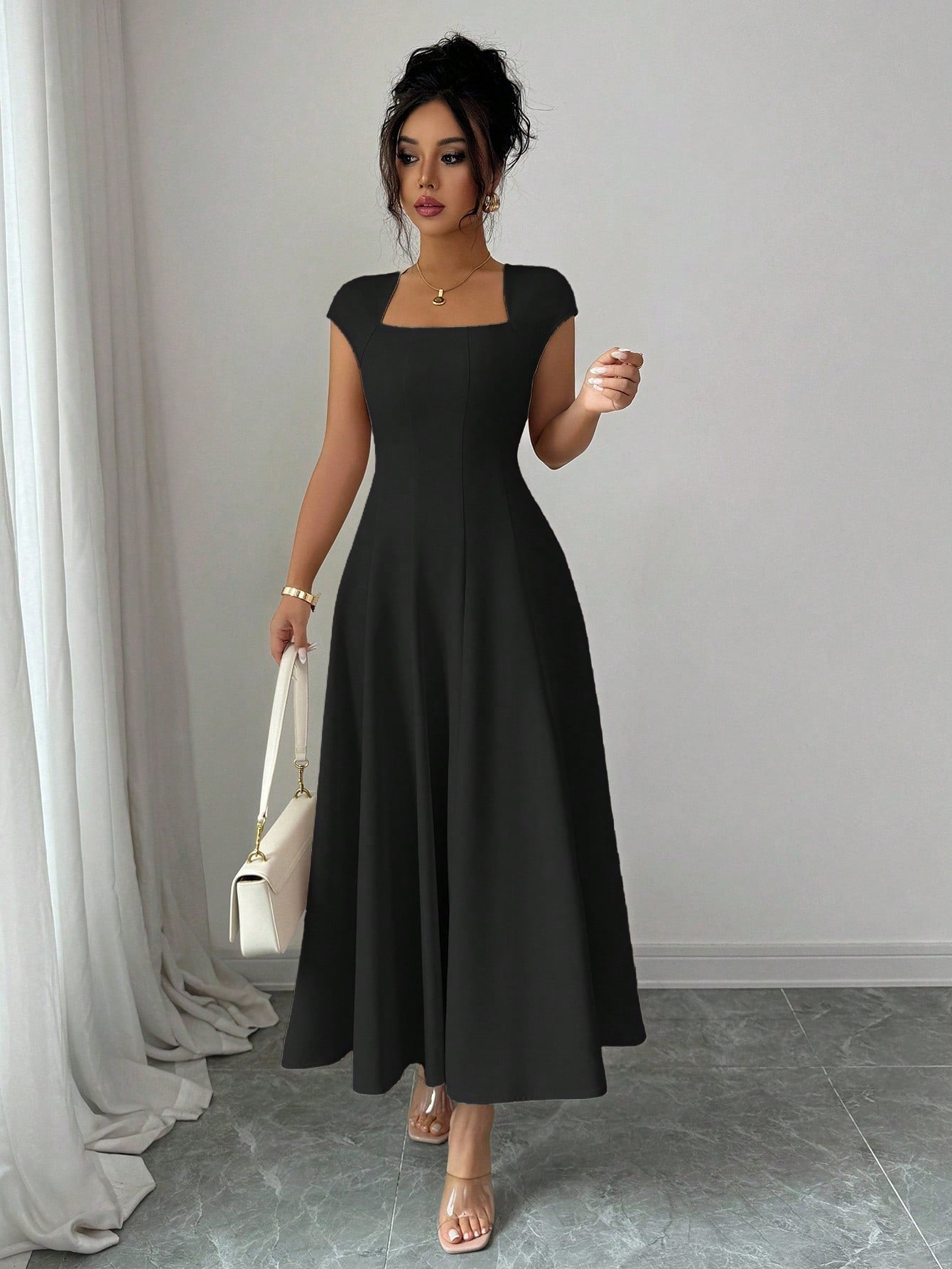 Square-neck Waist-cinched, Flared A-line Midi Dress With Short Sleeves