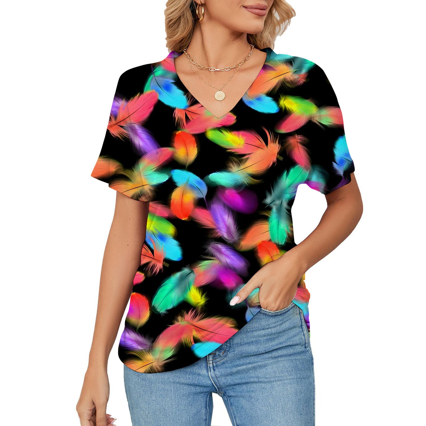 Women's T-shirt, Natural Plant And Floral Print, Casual V-neck Short Sleeves