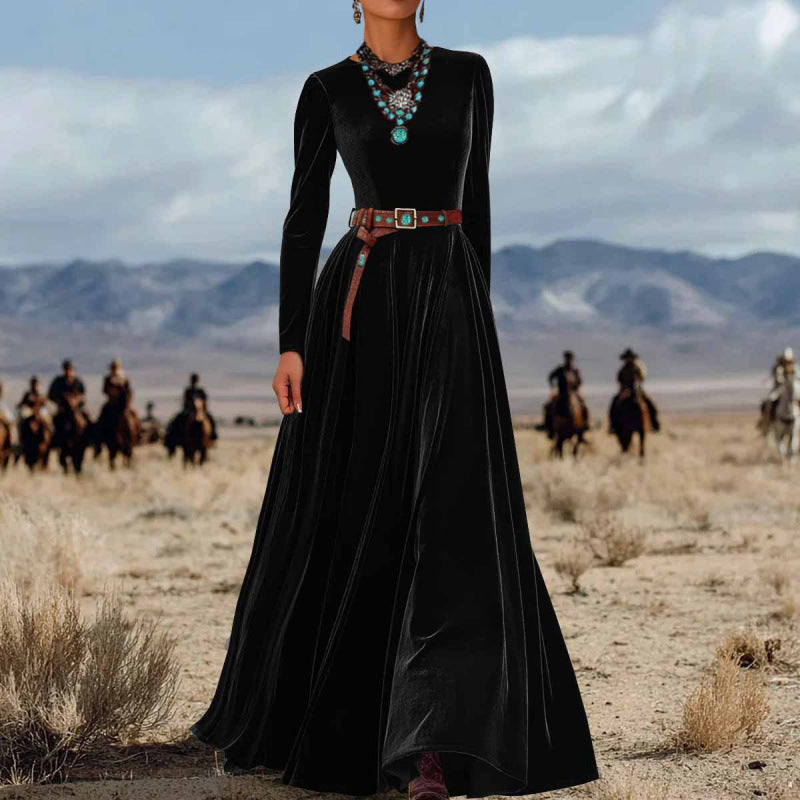 Elegant efterårsvinter langærmet kjole i fløjl med western-stil