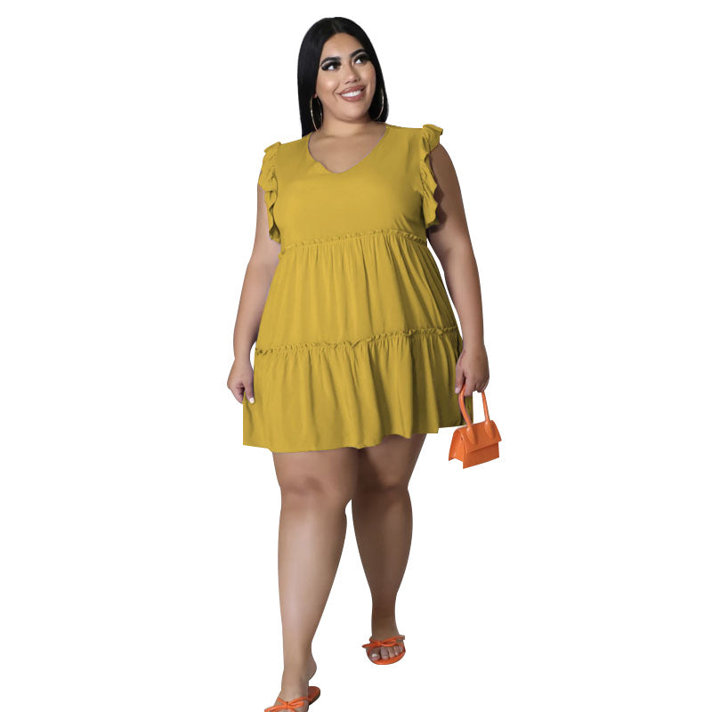 Women's Solid Color Casual V-neck Sleeveless Ruffled Pleated Skirt