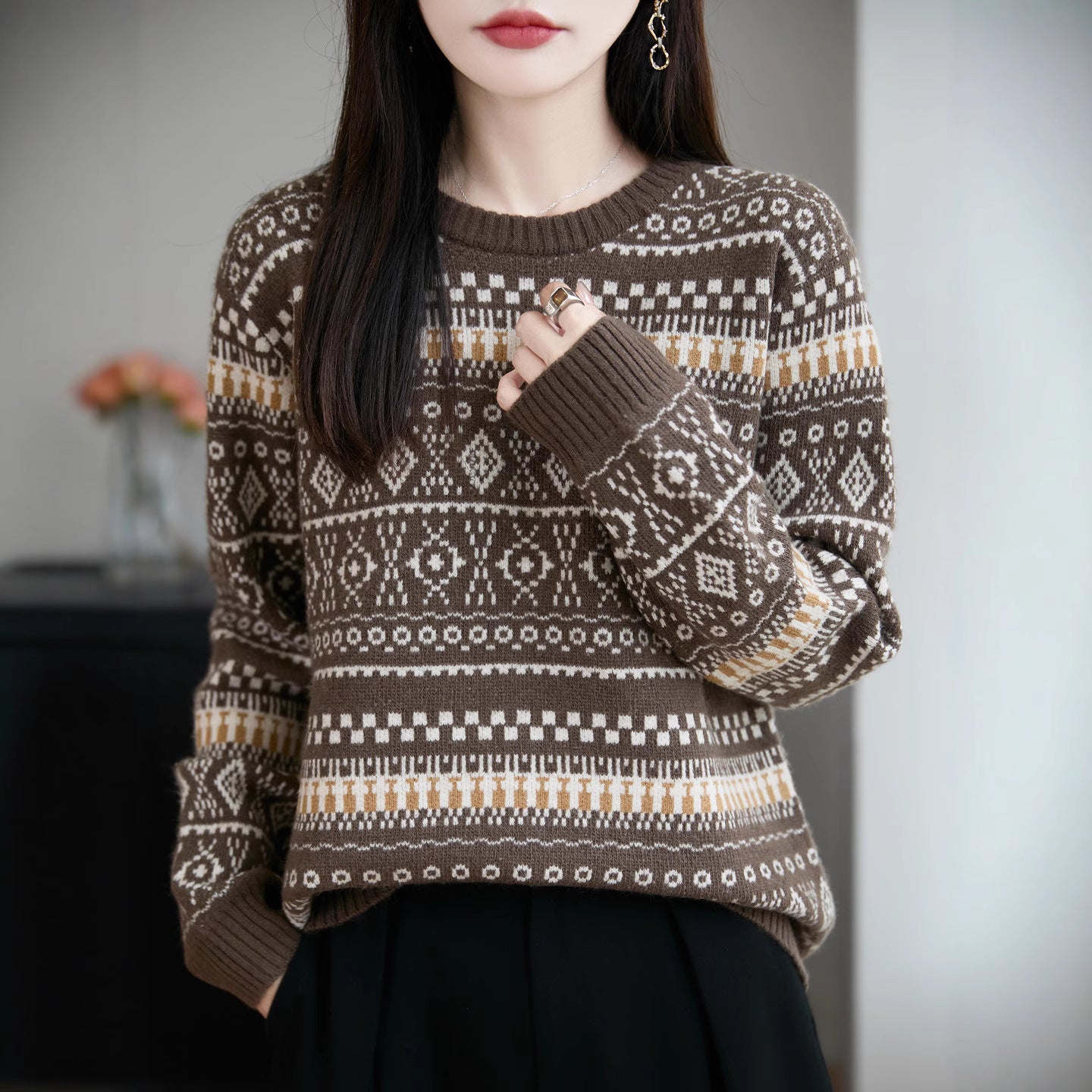 Retro Jacquard Crew-Neck Pullover Fair Isle Thickened Sweater