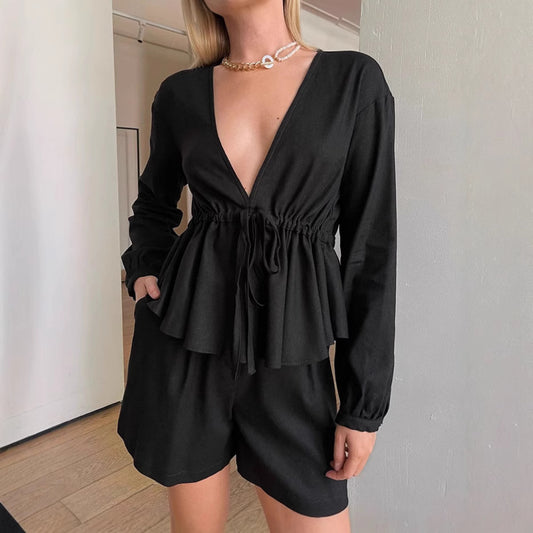 Black Cotton And Linen Suit Foreign Trade Loose Long Sleeve Top