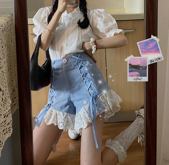 Women's Summer New Casual Lace Stitching Denim Shorts