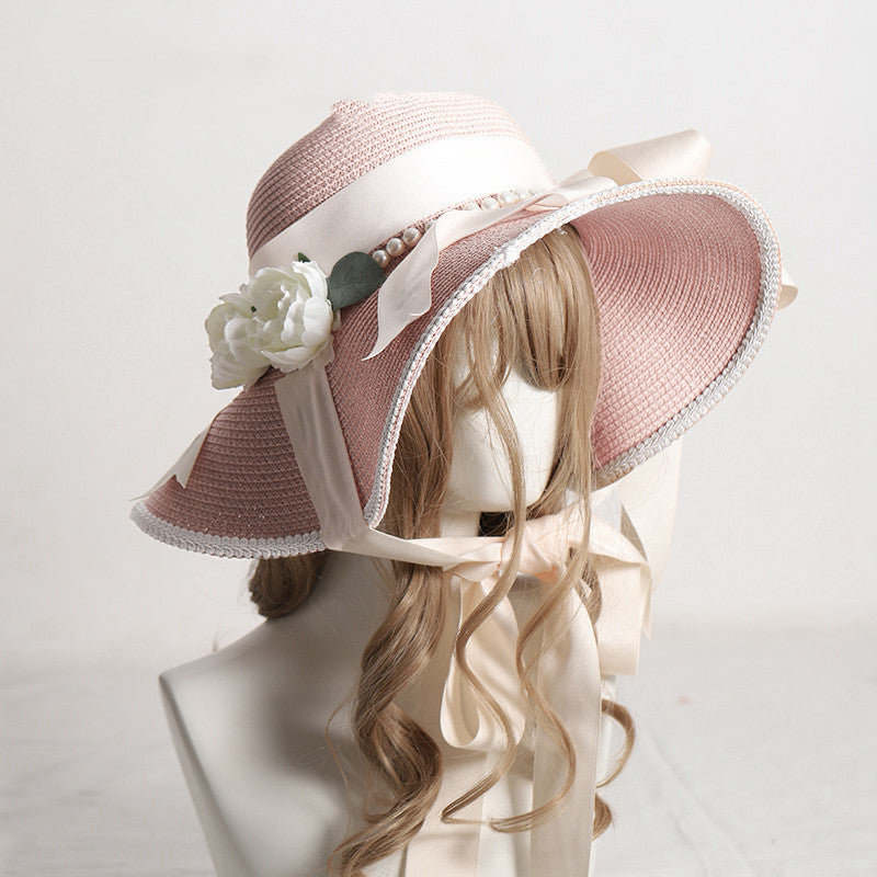 Flower Straw Women's Sun Hat Sunscreen Big Brim  Hand-made Bow