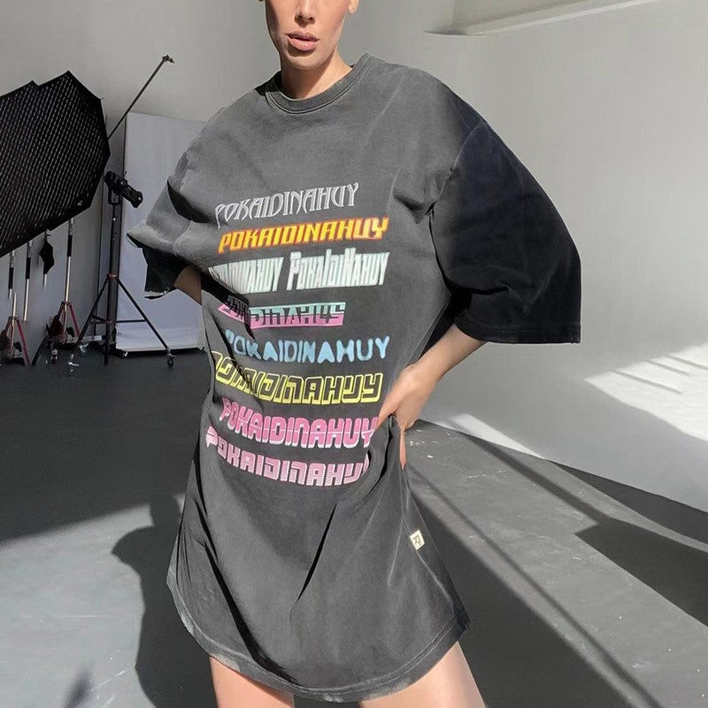 Retro Style Distressed Short Sleeve Loose Casual Cool Letter Printed Washed Gray Trendy T-shirt