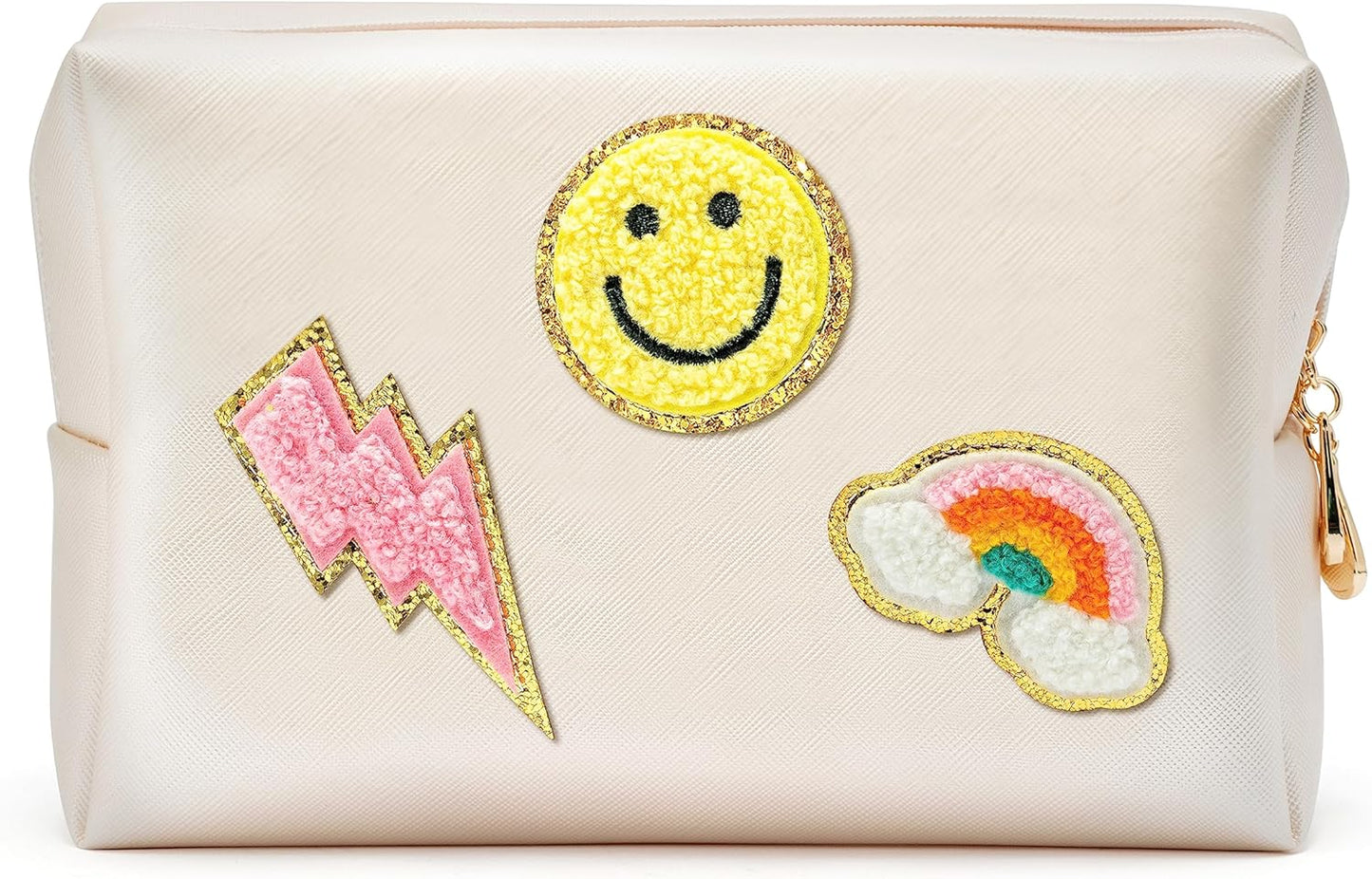 Preppy Patch Small Toiletry Bag Smile Lightning Heart PU Leather Portable Waterproof Makeup Cosmetic Bag Daily Use Storage Purse Travel Organizer Compliant Bag for Women Girls Gift (Pink)