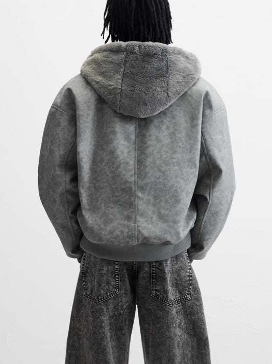 Men's Double-sided Faux Leather Hooded Bomber Jacket