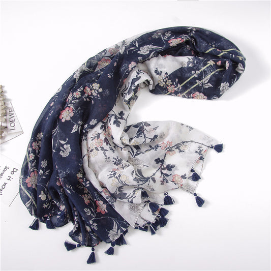 Vintage Vine Flower Print Handmade Fringed Silk Scarf