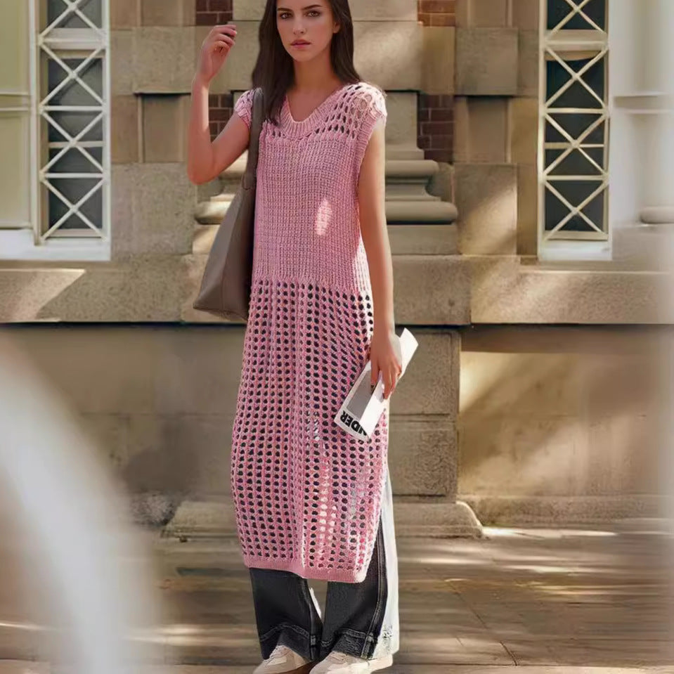 Hollow-out Slit Knit Layered Dress