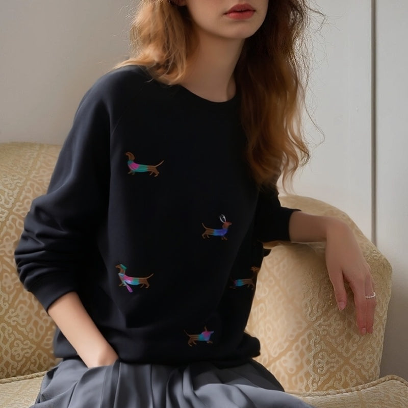 Broderet Gravhund Hund Løstsiddende Oversized Rundhalset Pullover Fleecetrøje