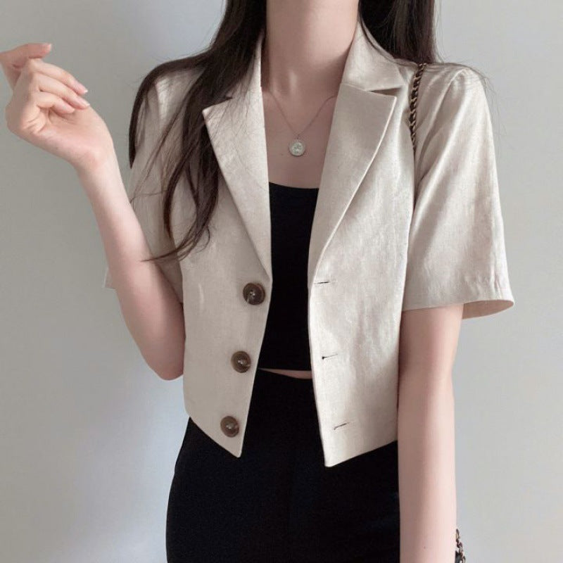 Solid Color Short Sleeved Cotton Linen Small Suit For Women's Leisure